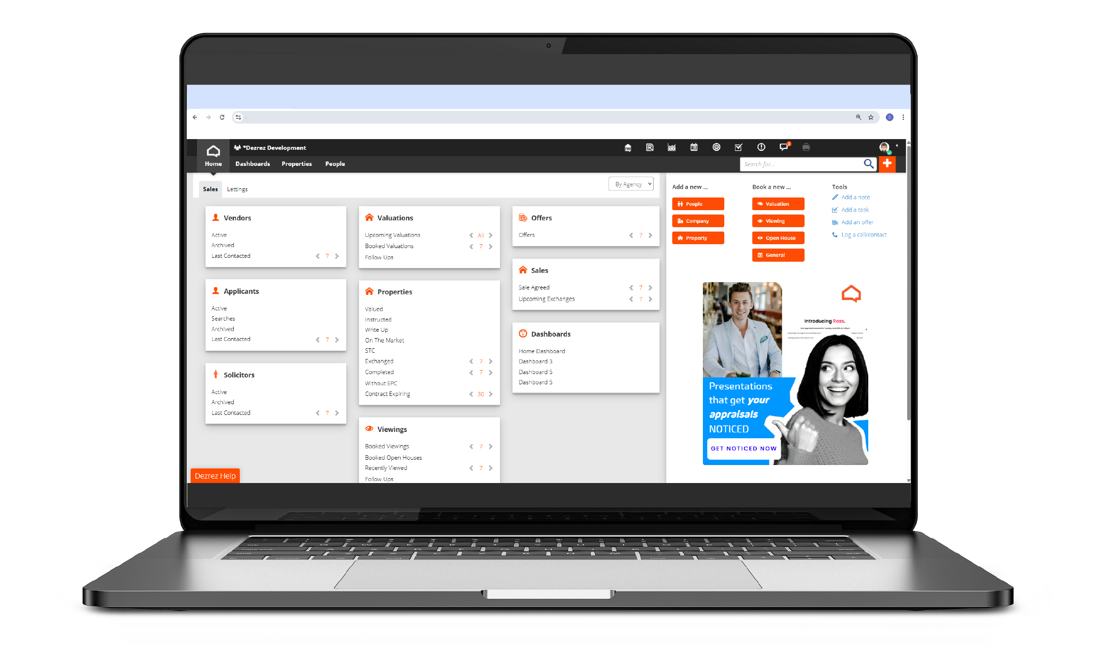 Sales agent software interface designed for property and estate agencies