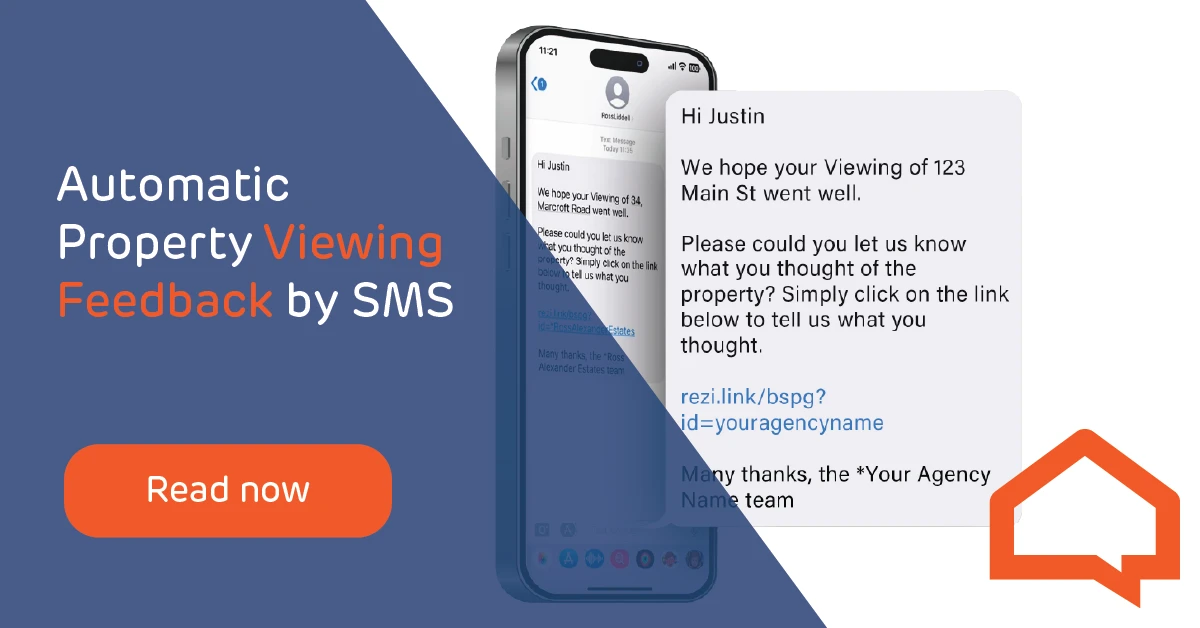 image of a mobile device with a pop-out of a text message inviting the reader to leave feedback on their recent property viewing via the link provided